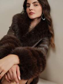 Anewsta New Autumn/Winter Fluffy Jacket With Fox Fur Trim, Women Long Shaggy Fur Coat Minimalist Stylish, - Coffee Brown - View 3