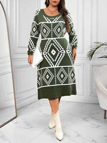 SHEIN LUNE Đầm len dài tay cổ tròn in hình học cỡ lớn thường ngày - Nhiều màu - Xem 3