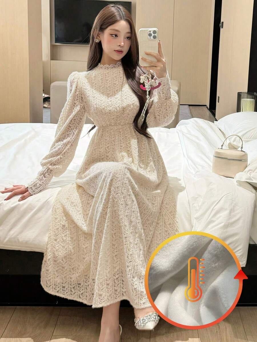 DAZY 女士长款蕾丝边保暖衬里白色连衣裙，秋季连衣裙长袖连衣裙婚礼女士连衣裙 - 米色 - 查看 1