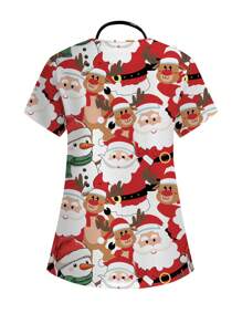 PopScrub Cute Christmas Santa Claus, Reindeer, Snowman Print V-Neck Short Sleeve Scrub Uniform Top, Women - White - View 2