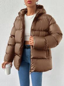 SHEIN Tall Solid Color Hooded Zip-Up Long Sleeve Winter Jacket