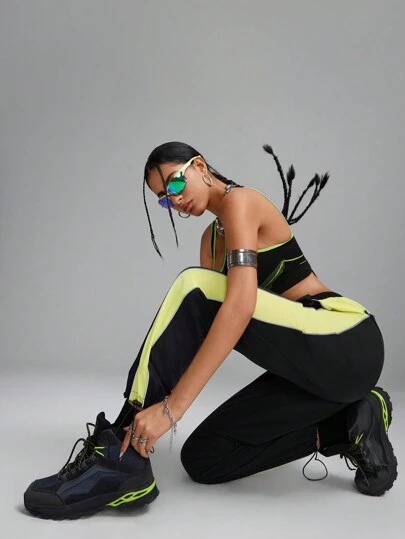 Innovista Women's Black Colorblock Adjustable Waist Luminous Zone Hiking Light Sports Long Pants, Outdoor Camping Hiking City Commute, Street Fashion Cool Casual Everyday Wear, Fall Women Pants, Adjustable Drawstring Hem Pants,Flare Leggings, FP Movement , WAG, Home Aerobic Fall New Style Women Utilitarian Chic