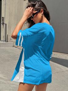 Denimoi Women's Loose V-Neck Dropped Shoulder Numeric Print T-Shirt, Casual - Blue and White - View 2