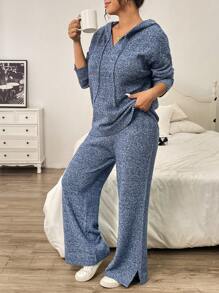 Calvaya 2pcs Set Dark Blue Plus Size Casual Hoodie Sweater And Pants Combination Suit. Featuring A Stable Yet Vibrant Dark Blue Tone, Crafted From Soft And Comfortable Material To Ensure Warmth And Comfort. Suitable For Daily Commute, Casual Outings, Gatherings With Friends, And Various Occasions Such As Music Festivals, Mother's Day, Halloween, New Year, Valentine's Day, Thanksgiving, Christmas, Easter, National Day, Balls, And New Year's Eve, Winter - Navy Blue - View 7