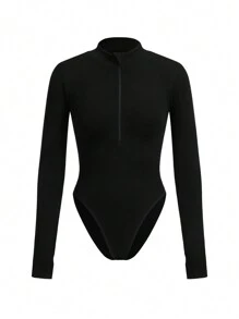 Easithlete Solid Color Stand Collar Jumpsuit/Seamless/Waist Cinched/Zipper - Black - View 1