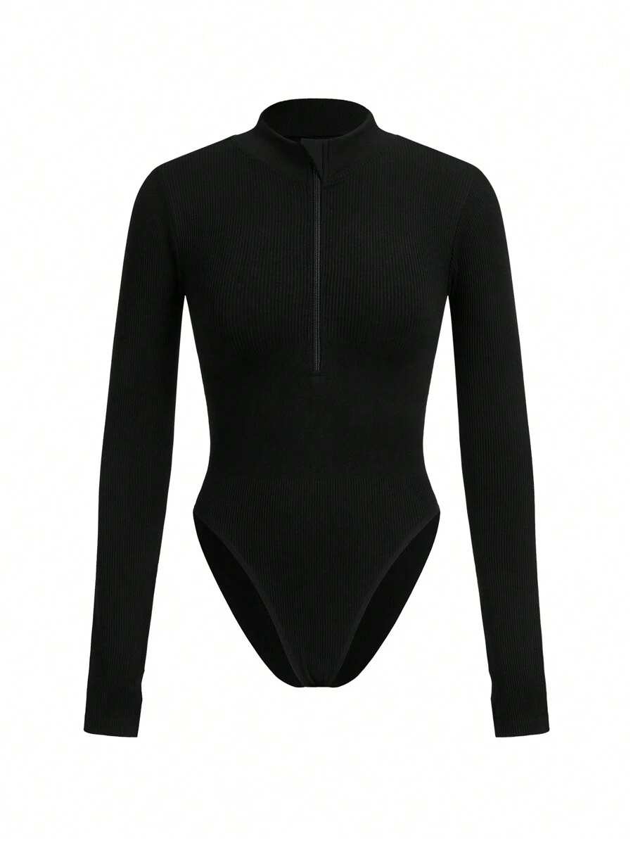 Easithlete Solid Color Stand Collar Jumpsuit/Seamless/Waist Cinched/Zipper - Black - View 1