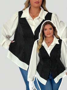 SHEIN CURVE+ 大码女式秋冬条纹拼布休闲/商务衬衫