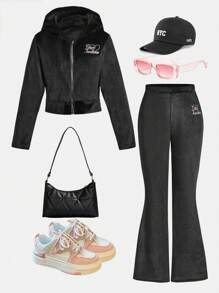 SHEIN 2 件套 Tween Girl 黑色“爱心”刺绣天鹅绒运动衫和天鹅绒裤子