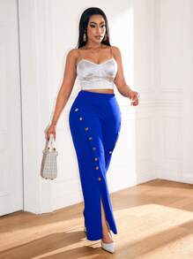 Zolique Pantalones largos de traje elegantes con decoración metálica y abertura en el bajo en azul para mujeres - Azul - Ver 4