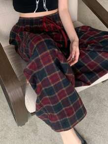 DAZY Women's Christmas Plaid Drawstring Waist Loose Wide Leg Pajama Pants, Fall, Winter - Red - View 5