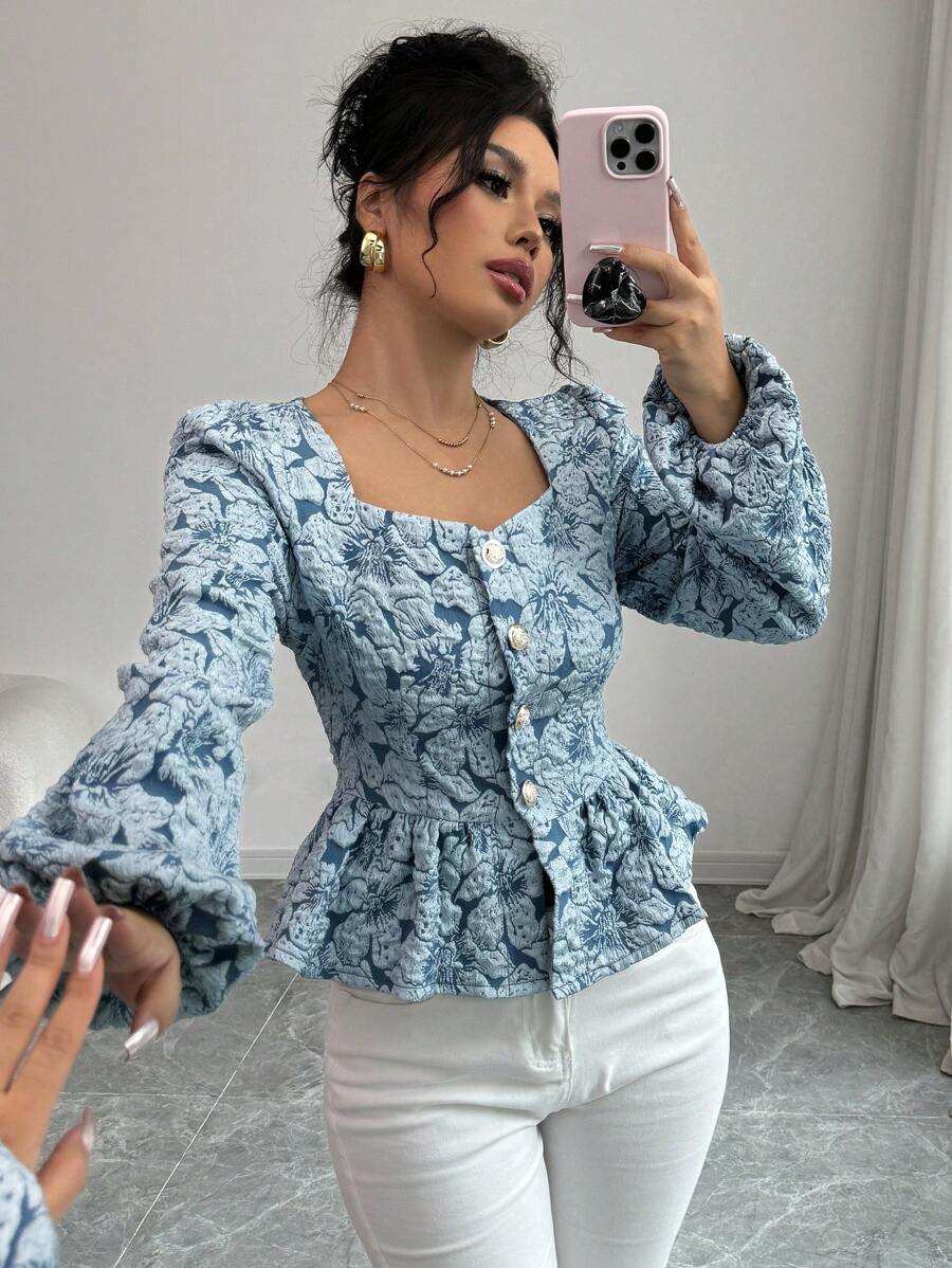 Selianne Women Elegant Jacquard Sweetheart Neck Lantern Sleeve Peplum Top, Spring/Autumn Peplum Top Fall Cloth For Women