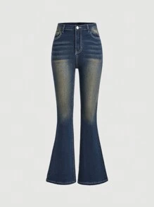 SHEIN Girlism Tween Girls Y2k Retro Millennium Pocket Stars Moon Cross Embroidery Rhinestone Decor Flare Jeans