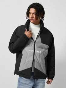 ROMWE MEN Street Life Chaqueta con cremallera de forro polar con estampado de estrella y letras para hombre en invierno