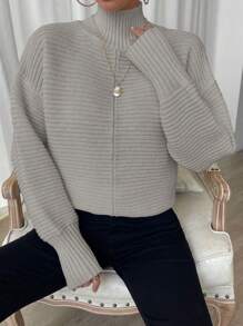 Chiquease Casual Solid Color Turtleneck Sweater With Side Slit, Autumn/Winter Knit Pullover Fall Outfit - Grey - View 5