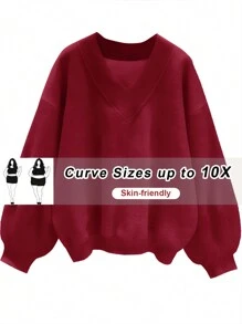 SHEIN CURVE+ Sudadera de manga larga casual y versátil, de cuello en V rojo, para talla grande, para invierno