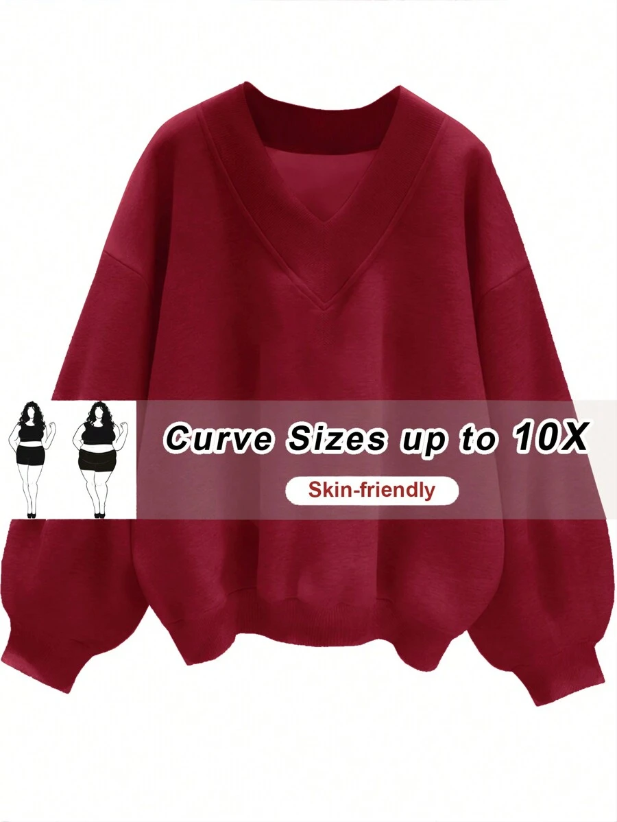 SHEIN CURVE+ Sudadera de manga larga casual y versátil, de cuello en V rojo, para talla grande, para invierno