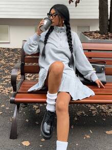 SHEIN EZwear Women Casual Pleated Hem Sweatshirt Dress For Autumn/Winter - Grey - View 6