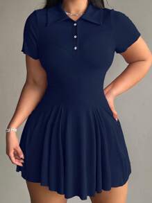 POPSWAY Casual Simple Stand Collar Shift Dress For Women - Navy Blue - View 4