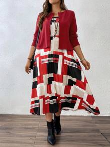 SHEIN LUNE 大码女式两件套：红色格子纹理面料背心和休闲优雅派对夹克，秋冬 - 彩色 - 查看 4