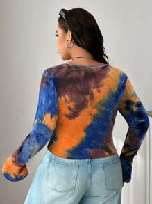 SHEIN EZwear Plus Size Tie-Dye T-Shirt With Pleated Bell Sleeves, Casual Style For Early Autumn