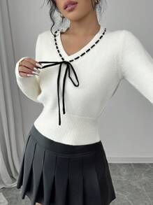 Chiquease Apricot V-Neck Drawstring Casual Long Sleeve Pullover Sweater, Knit Pullover Fall Winter - Apricot - View 6