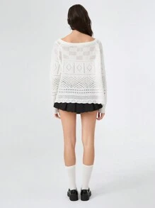 SHEIN EZwear Women Loose Hollow Out White Knitted Jacquard Off Shoulder Sweater, Casual For Autumn/Winter - White - View 2