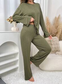 2pcs Minimalist Women Solid Color Round Neck Drop Shoulder Long Sleeve T-Shirt And Pants Homewear Set