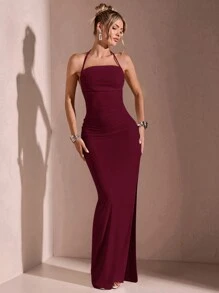 SHEIN BAE 夏季浪漫约会海滩度假白色性感露背高开叉吊带裹身荷叶边系带女式连衣裙 - 酒紅色 - 查看 2