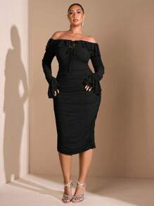SHEIN BAE Plus Size Fall Sweet Sexy Elegant Woman Green Off Shoulder Ruffle Gathered Long Sleeve Mid-Length Dress Party Dress Wedding Guest Dress Sweet Dress Sexy Women Outfits Fall Clothes Sexy Women Dresses Elegant Women Dresses