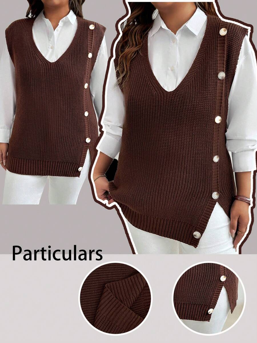 Calvaya 大码女士休闲时尚修身无袖纽扣毛衣背心，秋冬 - 棕色 - 查看 1