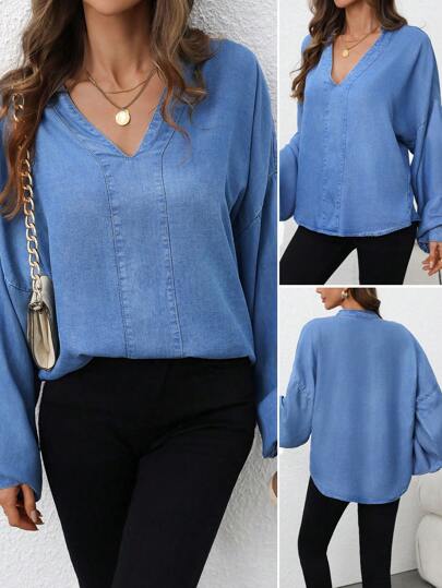 Women's V-Neck Drop Shoulder Long Sleeve Casual Loose Fit Blouse Top, For Autumn