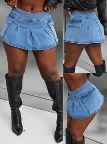 SHEIN Slayr 中腰 A 字形女式纯色口袋性感牛仔迷你裙