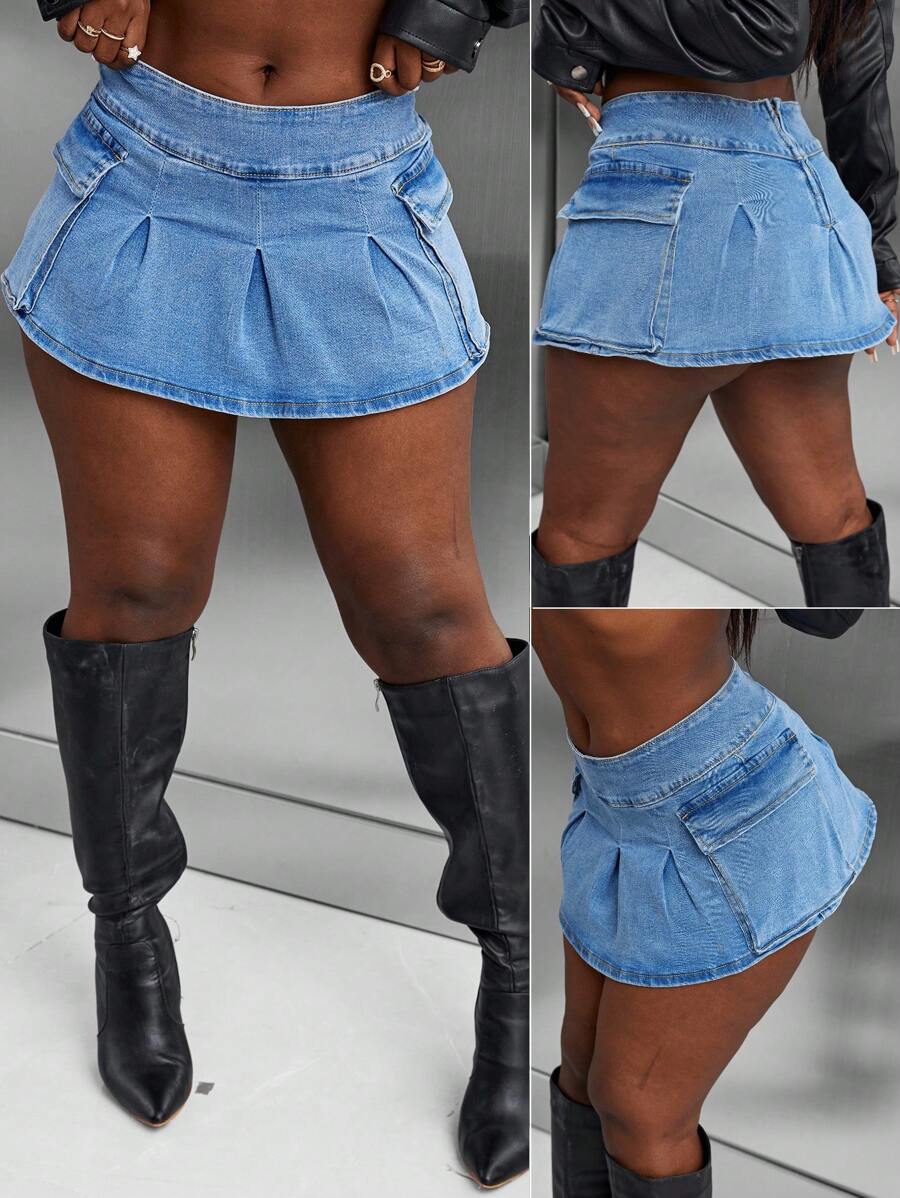 SHEIN Slayr 中腰 A 字形女式纯色口袋性感牛仔迷你裙