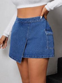 SHEIN ICON Plus Size Casual Washed Asymmetric Utility Denim Skirt