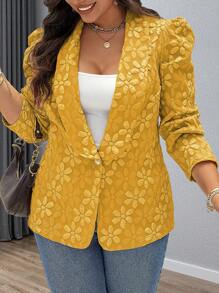 Flirla 大码女式花卉提花泡泡袖优雅西装外套，秋季 - 黃色 - 查看 4
