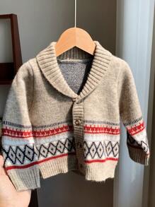 SHEIN Vintage Patterned Beige Loose Knit Cardigans For Baby Girls And Baby Boys,Cute Autumn Retro Style Soft Warm Matching Family Casual Indoor Outdoor - Brown - View 5