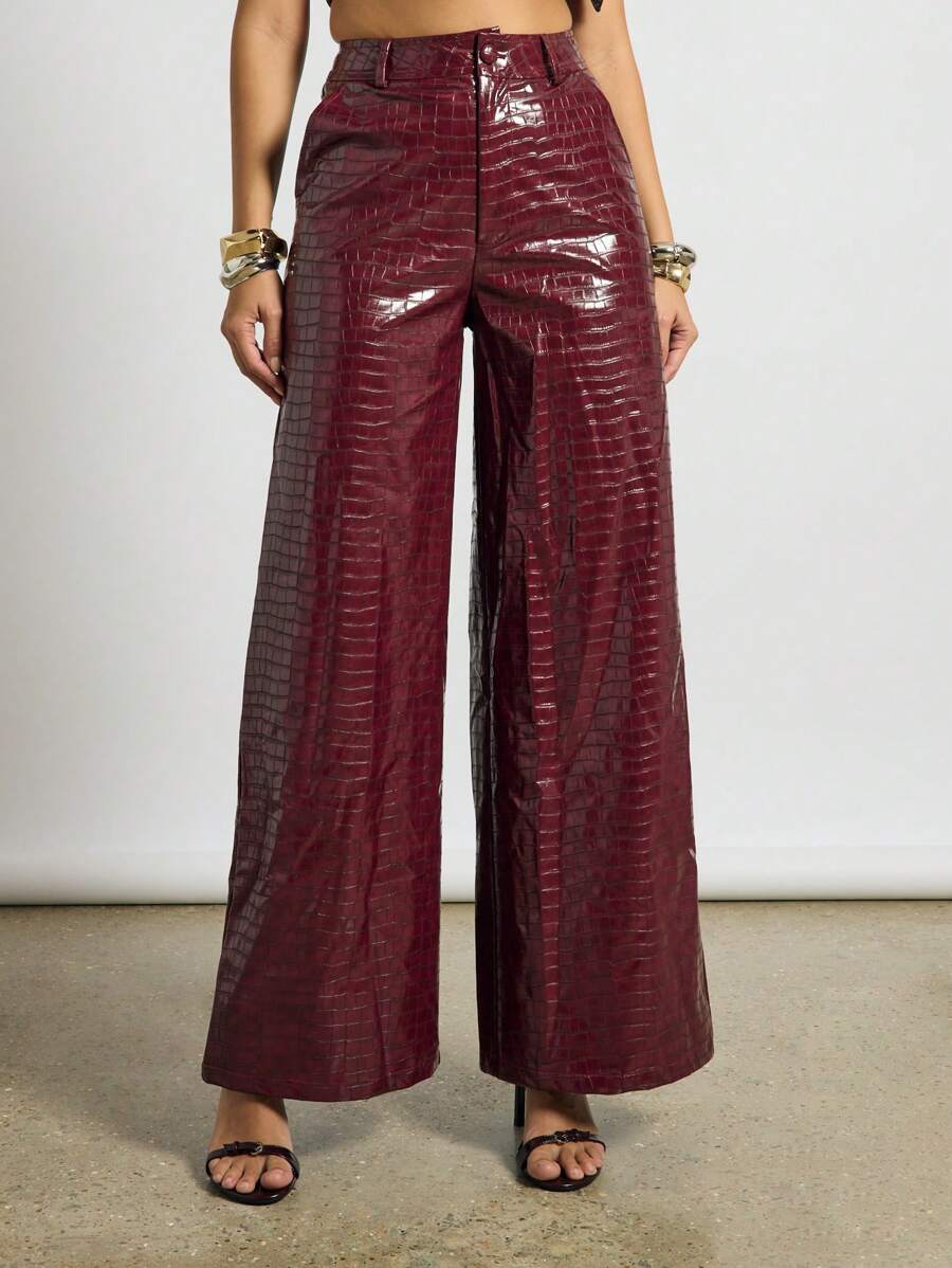 AiiRZ High Waisted Wide Leg Faux Leather Palazzo Pants With Textured ...