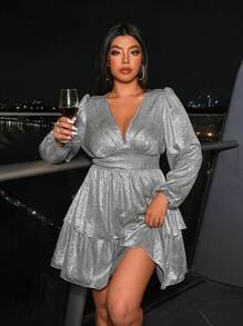SHEIN Unity Plus Size Women Fashion V-Neck Ruffle Hem Metallic Lantern Sleeve Mini Dress - Silver - View 1