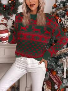 SHEIN Essnce Áo len nữ tay rớt họa tiết tuần lộc, áo len dệt kim mùa thu/đông. - Nhiều màu - Xem 5