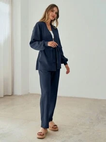SHEIN Cottnline Cotton Drop Shoulder Belted Coat & Pants - Navy Blue - View 3