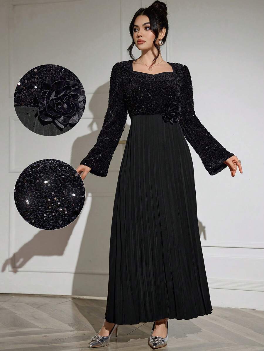 Modelyn Váy dài tay dệt trơn màu đơn giản cho nữ phong cách Ả Rập, mùa thu/đông - màu đen - Xem 1