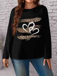 EMERY ROSE 休闲简约大码女式秋冬圆领黑色爱心豹纹长袖 T 恤 - 白色 - 查看 6