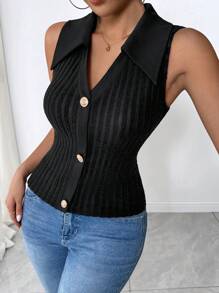 Chiquease Women's Autumn/Winter Polo-Collar Form-Fitting Tank Top With Metal Button Decor - Black - View 5