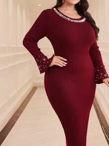Modelyn Đầm len bó sát tay dài đính ngọc trai thanh lịch cỡ lớn cho nữ, mùa thu/đông - Màu Đỏ Sâu - Xem 7