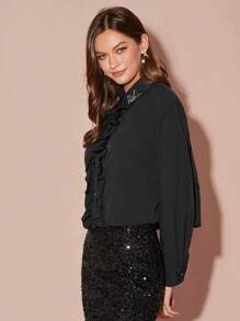 Enchnt Blus Wanita Kasual Elegan dengan Hiasan Ruffle dan Rhinestone, Musim Gugur - Hitam - View 8