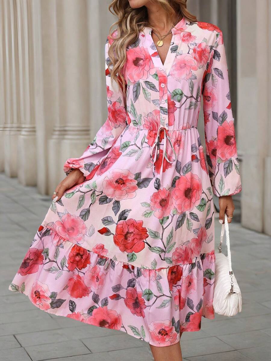 SHEIN LUNE Đầm midi dài tay cổ chữ V in họa tiết hoa cho nữ, thanh lịch cho ngày lễ - Nhiều màu - Xem 1