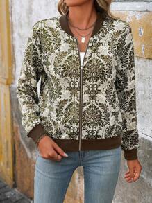 SHEIN LUNE Casual Women All-Over Botanical Print Zip-Up Bomber Jacket, Long Sleeve - Apricot - View 4