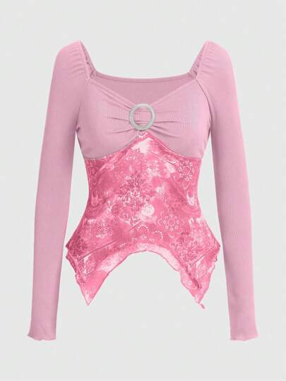 Hippie 1pc Women's Floral Print Buckle Ruched Bust Asymmetrical Hem Fitted T-Shirt