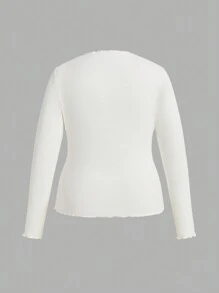 Mulvari 大码女式纯色修身休闲长袖 T 恤，秋季 - 白色 - 查看 2