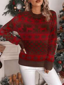 Chiquease 女士休闲圣诞驯鹿雪花图案落肩宽松套头毛衣针织衫秋冬款 - 咖啡棕 - 查看 4